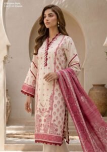 Cream & Rose Pink Digital Printed Lawn 3 Piece Unstitched Suit