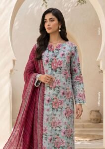Sky Blue Floral Digital Printed Lawn 3 Piece Unstitched Suit with Magenta Dupatta