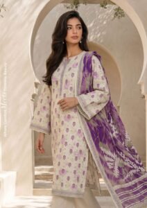 Cream & Lilac Floral Digital Printed Lawn 3 Piece Unstitched Suit