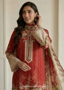 Rust Red Digital Printed Textured Lawn 3 Piece Suit with Floral Dupatta