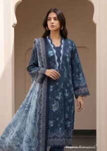 Navy Blue Digital Printed Lawn 3 Piece Suit with Denting Lawn Dupatta