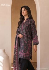 Black Floral Digital Printed Lawn 3 Piece Suit with Denting Lawn Dupatta